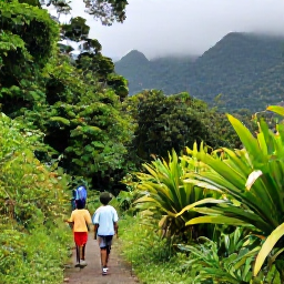 Caribbean Holidays, Grenada Family Holidays, A family exploring Grand Etang National Park in Grenada, walking beside lush rainforest with tropical plants and misty mountain scenery