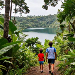 Caribbean Holidays, Grenada Family Holidays, A family exploring Grand Etang National Park in Grenada, walking through lush rainforest beside a crater lake