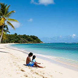 Caribbean Holidays, Grenada Family Holidays, A family relaxing on a sunny Caribbean beach in Grenada, with calm turquoise water, soft sand and palm trees