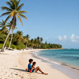 Caribbean Holidays, Grenada Family Holidays, A family relaxing on Grand Anse Beach in Grenada during a sunny July afternoon, with calm turquoise water and palm trees