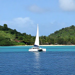 Caribbean Holidays, Grenada Family Holidays, A family sailing on a calm Caribbean sea near Grenada, with a catamaran passing quiet coves and green coastline