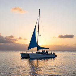 Caribbean Holidays, Grenada Family Holidays, A family sailing on a calm catamaran along Grenada's coastline at sunset, with snorkelling equipment and warm evening light