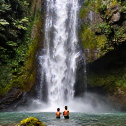 Caribbean Holidays, Grenada Family Holidays, A family swimming beneath a small waterfall at Annandale Falls in Grenada, surrounded by lush tropical forest