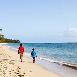 Caribbean Holidays, Grenada Family Holidays, A family walking along Grand Anse Beach in Grenada during a sunny April morning, calm turquoise sea and soft golden sand