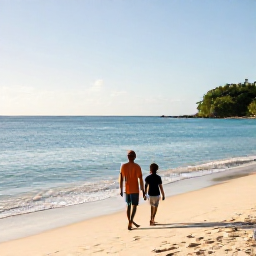 Caribbean Holidays, Grenada Family Holidays, A family walking along Grand Anse Beach in Grenada in warm February sunshine, calm turquoise sea and soft golden sand