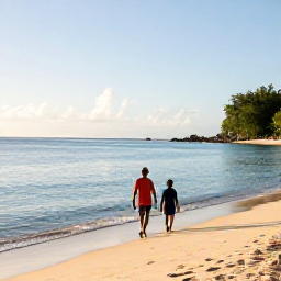 Caribbean Holidays, Grenada Family Holidays, A family walking along Grand Anse Beach in Grenada on a sunny January morning, calm turquoise water and soft golden sand
