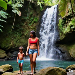 Caribbean Holidays, Grenada Family Holidays, A family walking beside a small waterfall in Grenada's lush rainforest, surrounded by tropical plants and natural pools