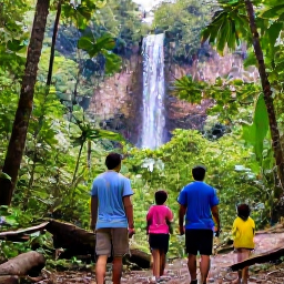 Caribbean Holidays, Grenada Family Holidays, A family walking through a lush tropical rainforest in Grand Etang National Park, Grenada, with a small waterfall nearby