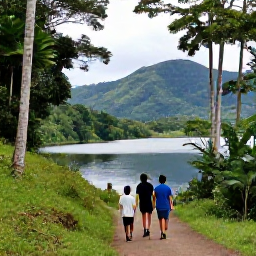 Caribbean Holidays, Grenada Family Holidays, A family walking through Grand Etang National Park in Grenada, surrounded by rainforest, tall trees and a peaceful mountain lake