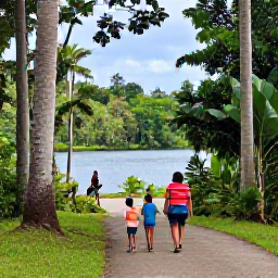 Caribbean Holidays, Grenada Family Holidays, A family walking through Grand Etang National Park in Grenada, surrounded by tropical rainforest, tall trees and a peaceful lake