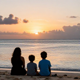 Caribbean Holidays, Grenada Family Holidays, A family watching a vivid sunset over the Caribbean Sea from a Grenada beach, warm evening light and calm waves