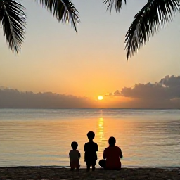 Caribbean Holidays, Grenada Family Holidays, A family watching the sunset over Grand Anse Beach in Grenada, calm sea, palm silhouettes and warm evening colours