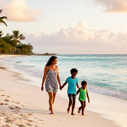 Caribbean Holidays, Grenada Family Holidays, A happy family walking along Grand Anse Beach in Grenada at golden hour, calm turquoise sea and soft white sand