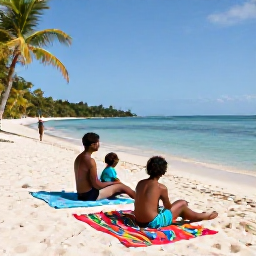 Caribbean Holidays, Grenada Family Holidays, A relaxed family enjoying a sunny beach in Grenada, with calm turquoise water, palm trees and colourful beach towels
