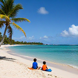 Caribbean Holidays, Grenada Family Holidays, A relaxed family enjoying a sunny beach in Grenada with calm turquoise water, palm trees and soft golden sand