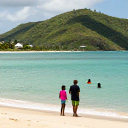 Caribbean Holidays, Grenada Family Holidays, A relaxed family enjoying Grand Anse Beach in Grenada, with calm turquoise water, golden sand and green hills in the background