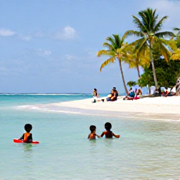 Caribbean Holidays, Grenada Family Holidays, A relaxed family scene on Grand Anse Beach in Grenada, with children paddling in calm turquoise water and parents relaxing beneath palm trees