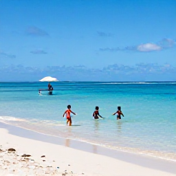 Caribbean Holidays, Grenada Family Holidays, A relaxed family scene on Grand Anse Beach in Grenada, with children paddling in calm turquoise water and parents under a beach umbrella