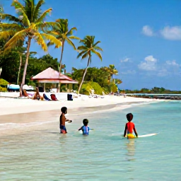 Caribbean Holidays, Grenada Family Holidays, A relaxed family scene on Grand Anse Beach in Grenada, with children paddling in clear shallow water and parents relaxing beneath palm trees