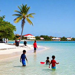 Caribbean Holidays, Grenada Family Holidays, A relaxed family scene on Grand Anse Beach in Grenada, with children paddling in clear shallow water, parents under a palm tree and colourful Caribbean scenery