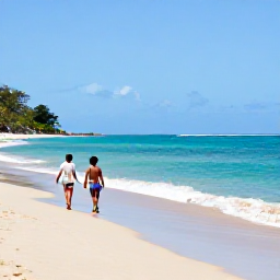Caribbean Holidays, Grenada Family Holidays, A relaxed family walking along Grand Anse Beach in Grenada on a bright June morning, calm turquoise sea and soft golden sand