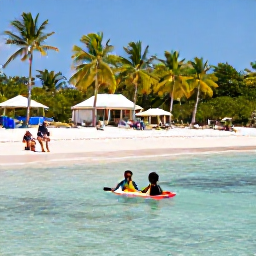 Caribbean Holidays, Grenada Family Holidays, Children paddling in shallow clear water at Grand Anse Beach, with parents relaxing nearby and palm trees in the background