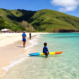 Caribbean Holidays, Grenada Family Holidays, Children paddling in shallow clear water beside a quiet Grenada beach, with parents nearby and green hills in the background