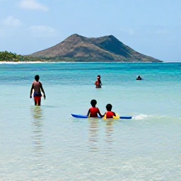 Caribbean Holidays, Grenada Family Holidays, Children paddling in shallow clear water on Grand Anse Beach, Grenada, with parents nearby and tropical hills in the distance