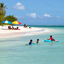 Caribbean Holidays, Grenada Family Holidays, Children paddling in shallow clear water while parents relax on Grand Anse Beach, Grenada, with colourful beach umbrellas