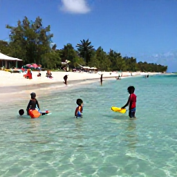 Caribbean Holidays, Grenada Family Holidays, Children paddling in the shallow clear water at Grand Anse Beach in Grenada, with families relaxing on the sand