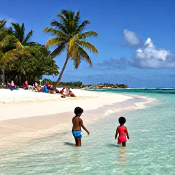 Caribbean Holidays, Grenada Family Holidays, Children playing safely in the shallow clear water at Grand Anse Beach while parents relax under a palm tree in Grenada