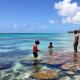 Caribbean Holidays, Grenada Family Holidays, Children snorkelling in clear shallow water near a colourful reef off Grenada, with a parent nearby and a bright Caribbean sky