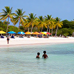 Caribbean Holidays, Grenada Family Holidays, Children swimming in calm shallow water at Grand Anse Beach, Grenada, with palm trees and colourful beach umbrellas