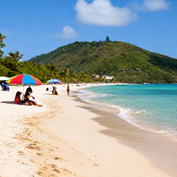 Caribbean Holidays, Grenada Family Holidays, Families enjoying the wide golden sands and shallow clear water of Grand Anse Beach, Grenada, with colourful beach umbrellas and lush hills in the background