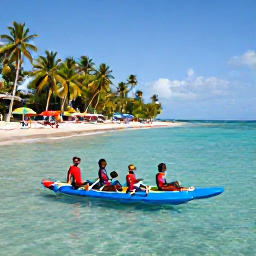 Caribbean Holidays, Grenada Family Holidays, Families paddling and swimming in the shallow clear water at Grand Anse Beach, Grenada, with palm trees and colourful beach umbrellas