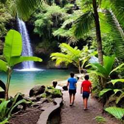 Caribbean Holidays, Grenada Family Holidays, Families walking through a lush Grenada rainforest near a waterfall, with tropical plants, a clear pool and a safe scenic trail