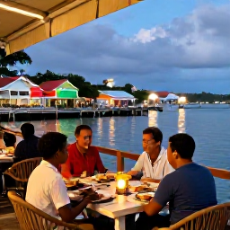 Caribbean Holidays, Grenada Family Holidays, Family enjoying a relaxed evening meal at a waterside restaurant in St George's, Grenada, with colourful buildings and harbour views