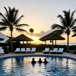Caribbean Holidays, Grenada Family Holidays, Family enjoying a relaxed Grenadian evening beside a hotel pool, tropical palms, warm sunset light and casual holiday atmosphere