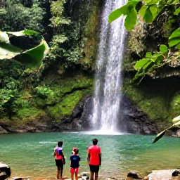 Caribbean Holidays, Grenada Family Holidays, Family exploring Annandale Falls in Grenada, with lush rainforest, a clear pool and a small waterfall