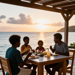 Caribbean Holidays, Grenada Family Holidays, Family sharing a relaxed outdoor meal at a friendly seaside restaurant in Grenada at sunset