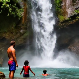 Caribbean Holidays, Grenada Family Holidays, Family swimming beneath Concord Falls in Grenada, surrounded by tropical rainforest and rocks, with a local guide nearby