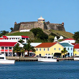 Caribbean Holidays, Grenada Family Holidays, Family visiting St George's harbour in Grenada, with colourful buildings, boats and a historic hilltop fort