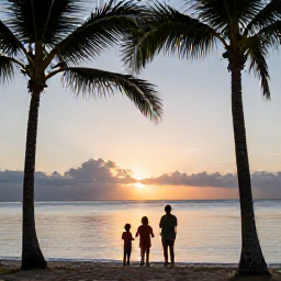 Caribbean Holidays, Grenada Family Holidays, Happy family watching the sunset from a quiet Grenada beach, with calm sea, warm evening light and palm silhouettes