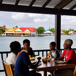 Caribbean Holidays, Grenada Family Holidays, Parents and children enjoying a relaxed family meal at a waterfront restaurant in St George's, Grenada, with colourful buildings and harbour views