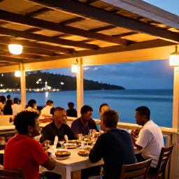 Caribbean Holidays, Grenada February, A relaxed evening in St George's, Grenada, with diners at an outdoor restaurant, warm lights and a peaceful harbour backdrop