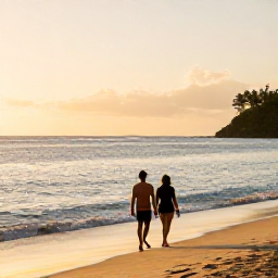 Caribbean Holidays, Grenada February Holidays, A couple walking along a peaceful Grenada beach in the early evening, with golden light and calm Caribbean sea