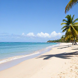 Caribbean Holidays, Grenada February Holidays, A wide sandy beach on Grenada with calm turquoise water, palm trees and bright February sunshine