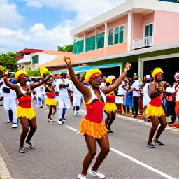 Caribbean Holidays, Grenada February Holidays, Colourful Grenadian street parade with dancers in bright costumes, steel pan musicians and cheering crowds in St George's
