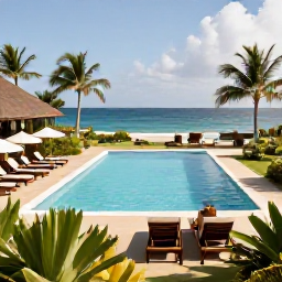Caribbean Holidays, Grenada February Holidays, Comfortable all-inclusive resort in Grenada with a swimming pool, tropical gardens, sun loungers and a view towards the sea