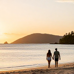 Caribbean Holidays, Grenada February Holidays, Couple walking hand in hand along Grand Anse Beach in Grenada at sunset, with calm water, soft golden light and distant hills